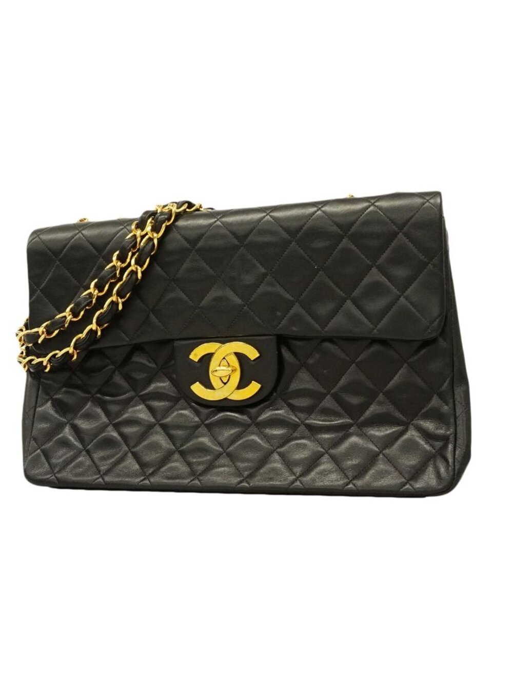 Chanel Shoulder Bag Maxi Quilted Lambskin Black Gold